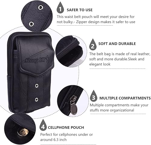 Miniatura 2 de VALICLUD Bolsa de cuero para hombre, 2 bolsillos verticales de cuero, cinturón de teléfono, bolsa vertical para teléfono, Negro -, Moda