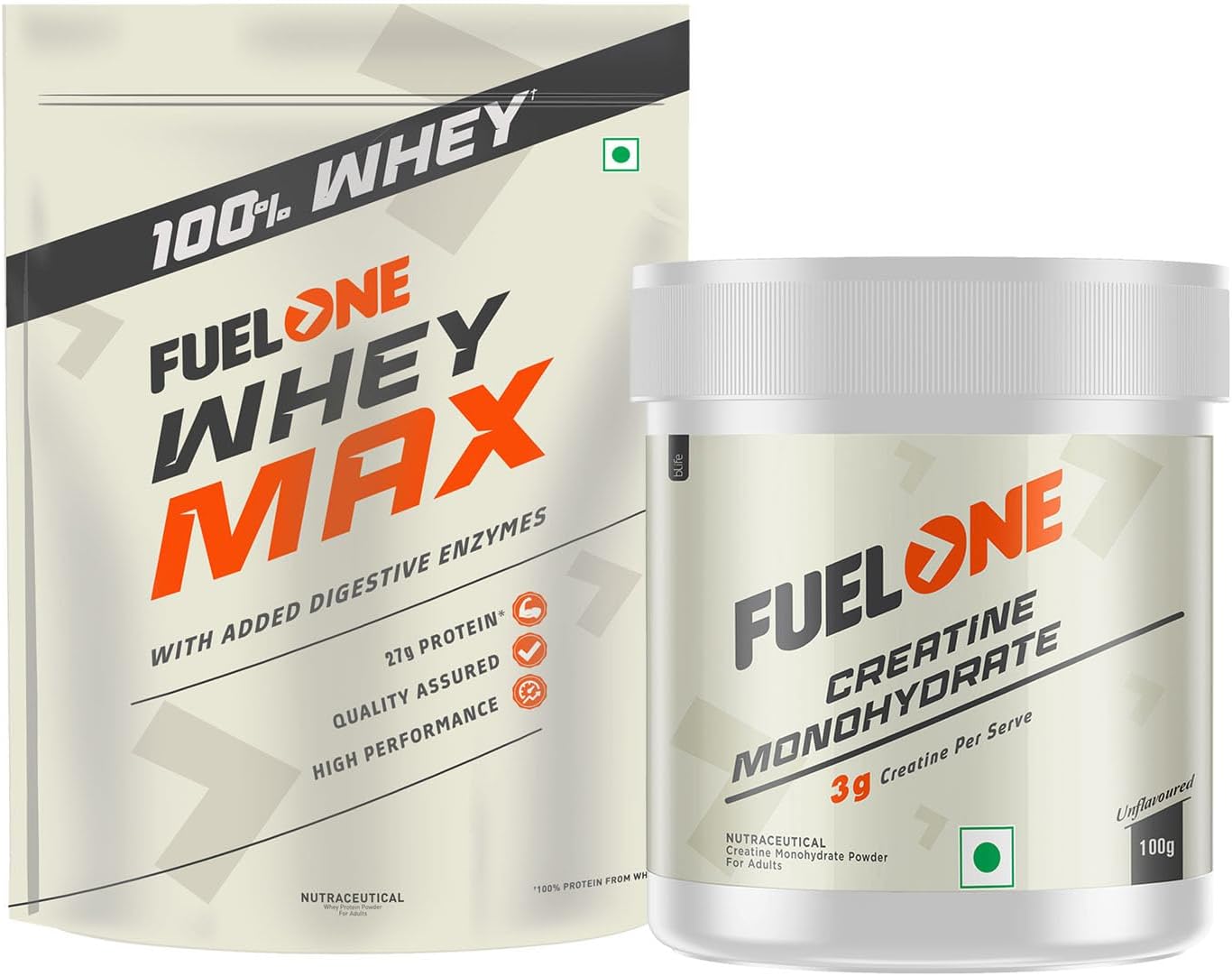 FUELONE Whey Max, Whey Protein Concentrate & Whey Protein Isolate, 27G Protein (Mango, 1Kg / 2.2Lb) & Creatine Monohydrate 100G (Unflavoured, 33 Servings)
