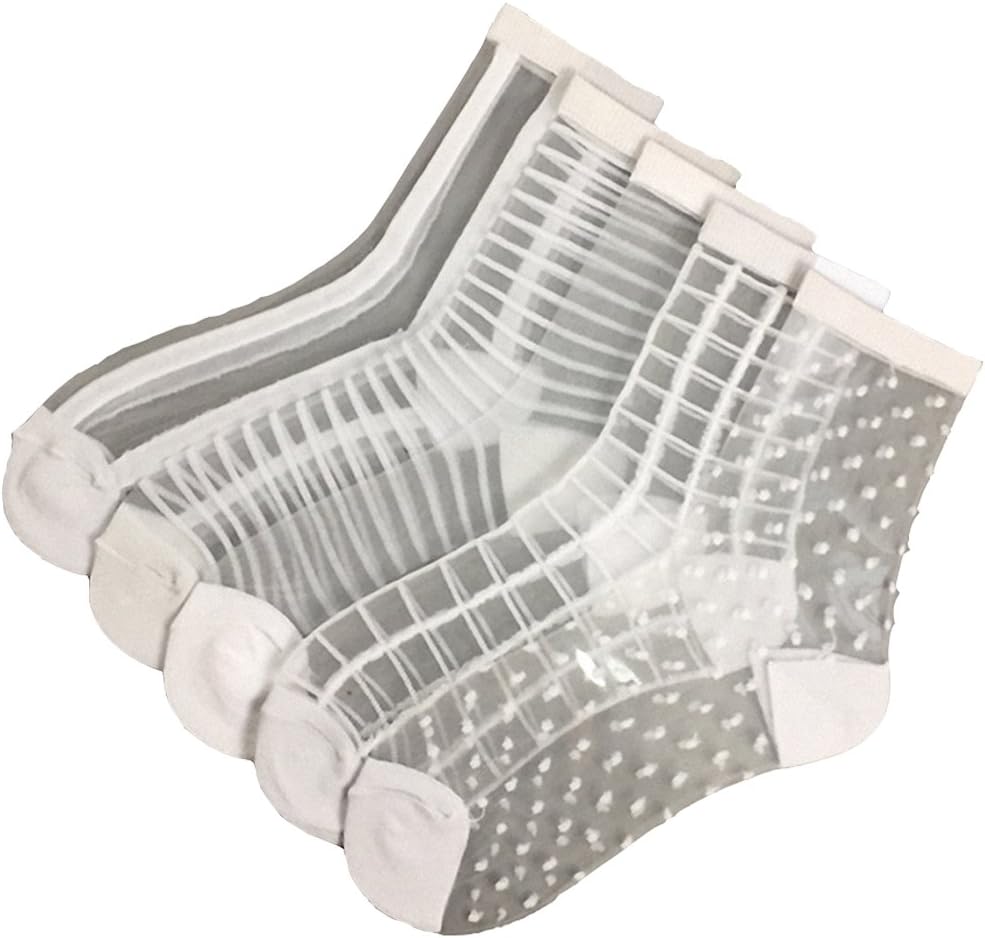 Yabliss Women Sheer Ankle Socks Silk Short Lace Transparent Clear Sock 5 Pairs White Group