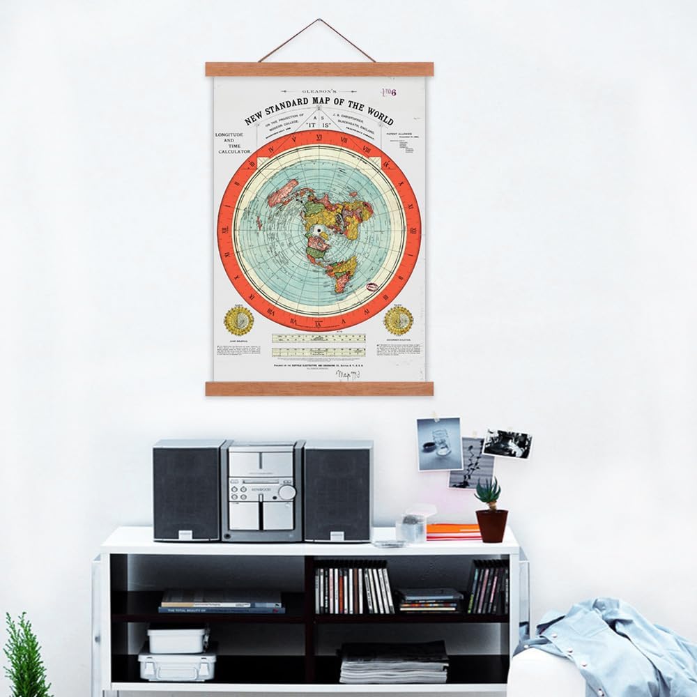 Nustila Flat Earth Map - Gleason's New Standard Map of The World - Large Canvas Print Scroll Poster with Teak Wood Frame Ready to Hang (with Teak Wood Hanger, 16"x24")