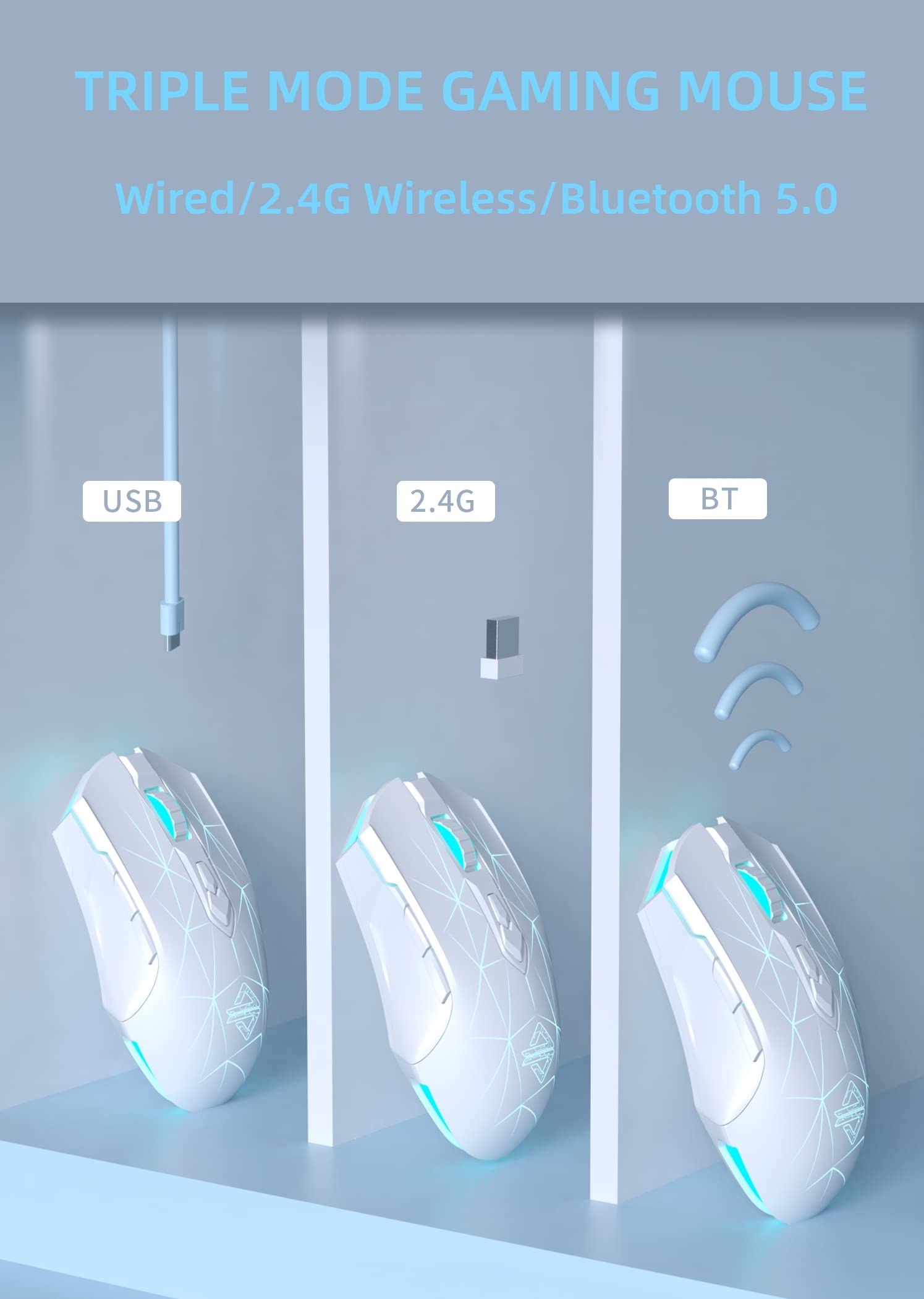 AJ52PRO Watcher 2.4G inalámbricoBluetooth 5.0 Ratón para Juegos con Cable, 10000 dpi, programable 7 Botones, ergonómico LED retroiluminado USB Gamer Ratones Ordenador portátil PC para Windows Mac
