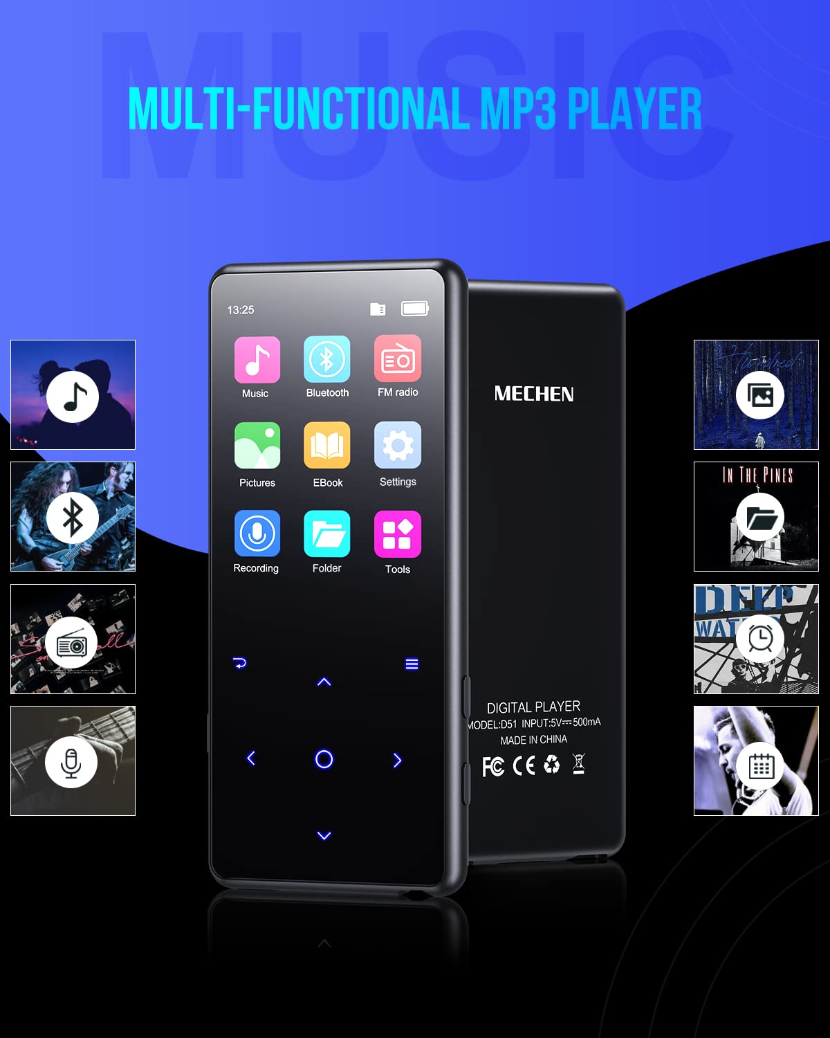 MECHEN Lecteur MP3 Bluetooth 5.3 - 32 Go Écran Tactile 2,4" Avec Haut-Parleur