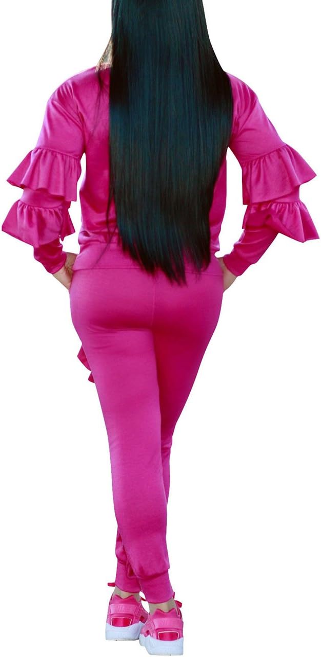 Women's Two Piece Outfits Ruffle Sleeve Sweatshirt and Long Pants Tracksuit Sets
