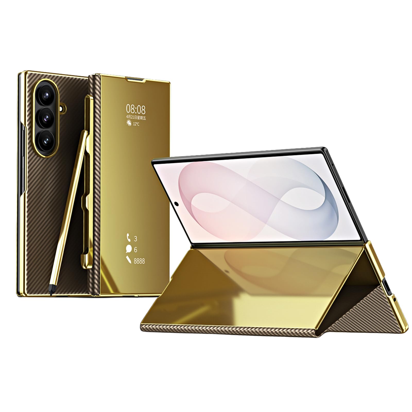 Ribaltabile Custodia per Samsung Galaxy Z Fold 8 Ultra, Chiaro Finestra | Fibra di Carbonio Modello Pelle Placcatura Specchio Cover con Funzione Supporto S-Pen Slot Caso,D'oro,Fold 8 Ultra