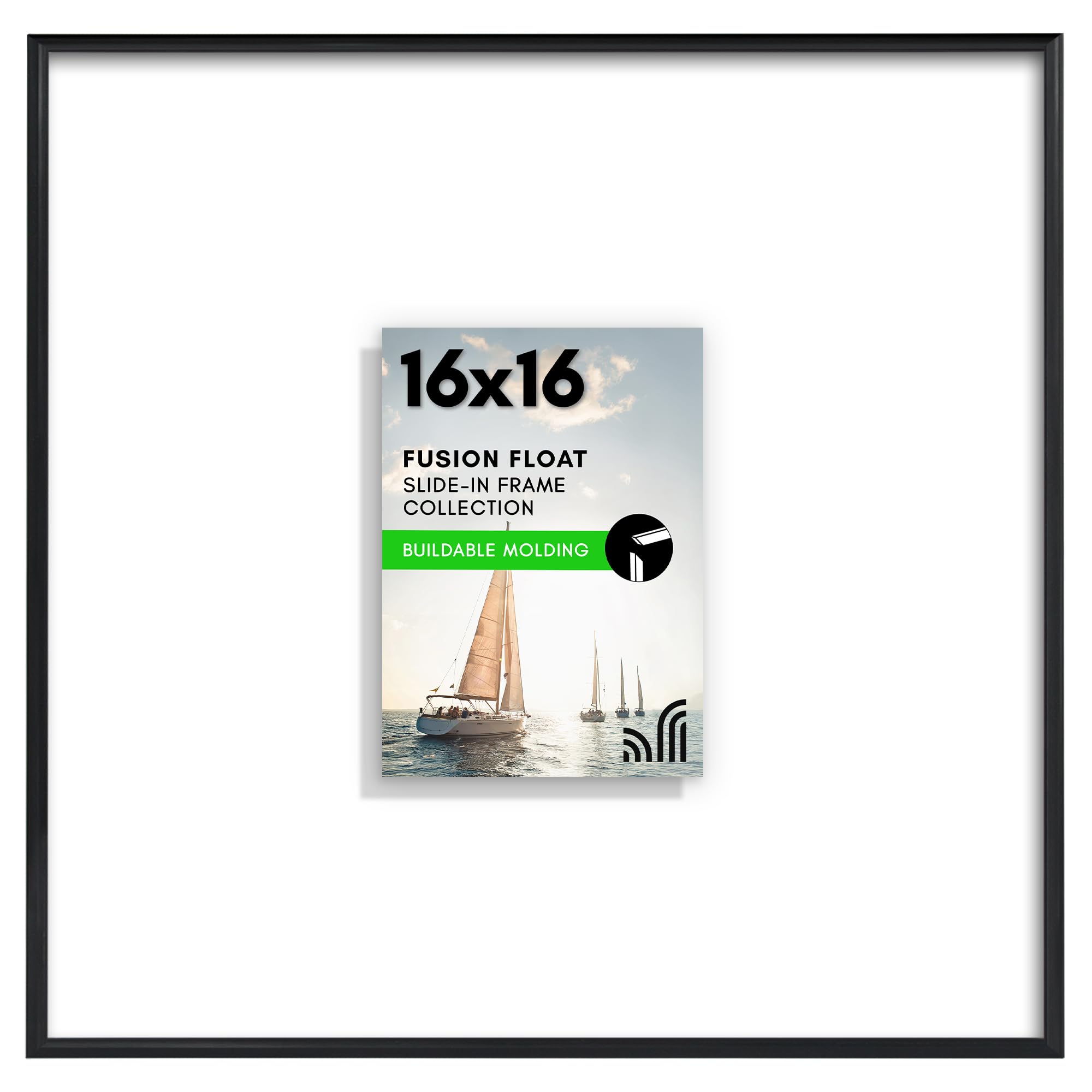 Americanflat 16x16 Floating Picture Frame with Polished Plexiglass - Use as 5x7 Frame with Mat or 16x16 Frame Without Mat - Fusion Float Collection - Slide-in Picture Frame for Wall Display - Black