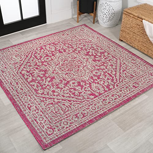 JONATHAN Y Medallion Weave Indoor Outdoor Square Area Rug 5X5 Fuchsia/Light Gray, Sinjuri Textured for Backyard, Patio, Porch, Easy-Cleaning, High Traffic, Pet-Friendly, Non-Shedding (SMB101G-5SQ)