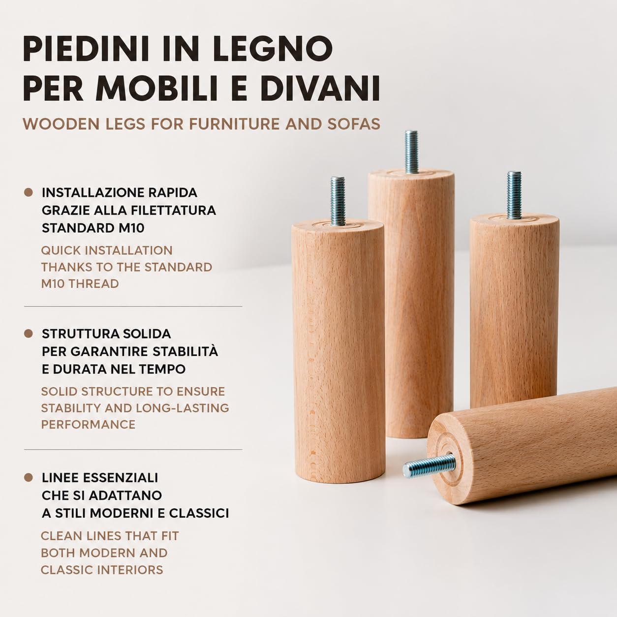 IPEA Piedini in Legno per Mobili e Divani - Altezza 140 mm – [ DESIGN MINIMAL ED ELEGANTE ] - Set di 4 Piedi in Legno Grezzo per Armadi, Poltrone, Arredamento Casa - Gambe per Letti – Vite M10