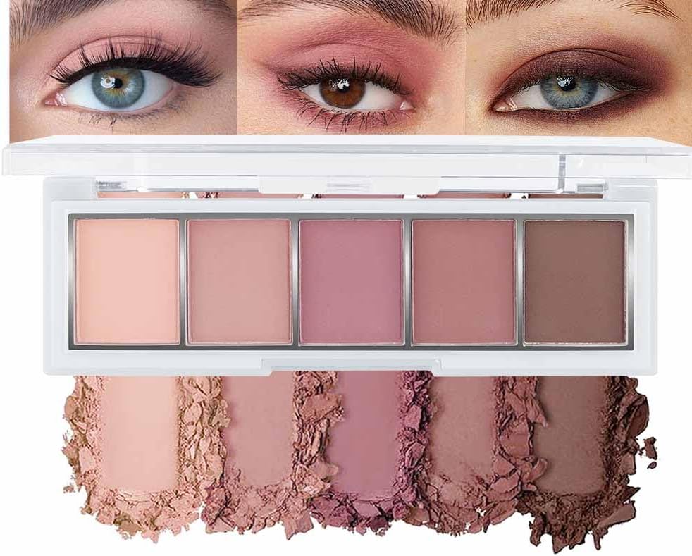 5 Colors Matte Pink Eyeshadow Makeup Palette, Nude Pink Rose Mauve Brown Cocoa Neutral Matte Cream Mini Eye Shadow Palette Makeup for Older Women Blue Green Eye, Blush Contour Palettes sombras de ojos