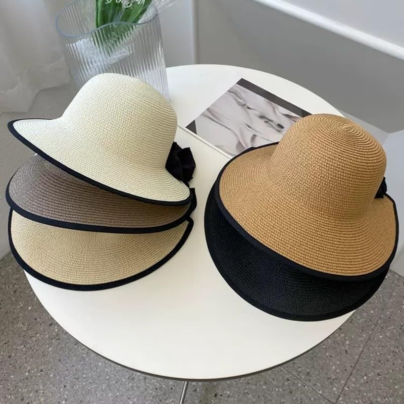 Sombrero de Paja Transpirable para Mujer,Sombrero de Verano de ala Ancha con Protección UV y Lazo Decorativo,Sombrero de Playa Ligera para Vacaciones,Viajes y Actividades Al Aire Libre