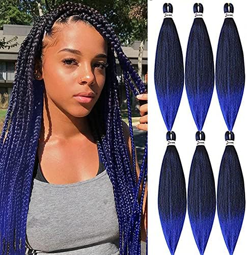 MSBELLE 6 Packs/Lot Pre Stretched Braiding hair 26 Inch Ombre Braiding Hair Extensions Hot Water Setting Blue Braiding hair 100g/Pack Crochet Synthetic Braids Hair (26Inch,Black to Blue)