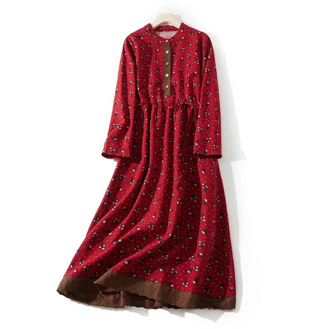 Vestido de retazos con estampado floral para mujer, de manga larga, cuello redondo, con cordón, casual, vestido midi, café, XXL