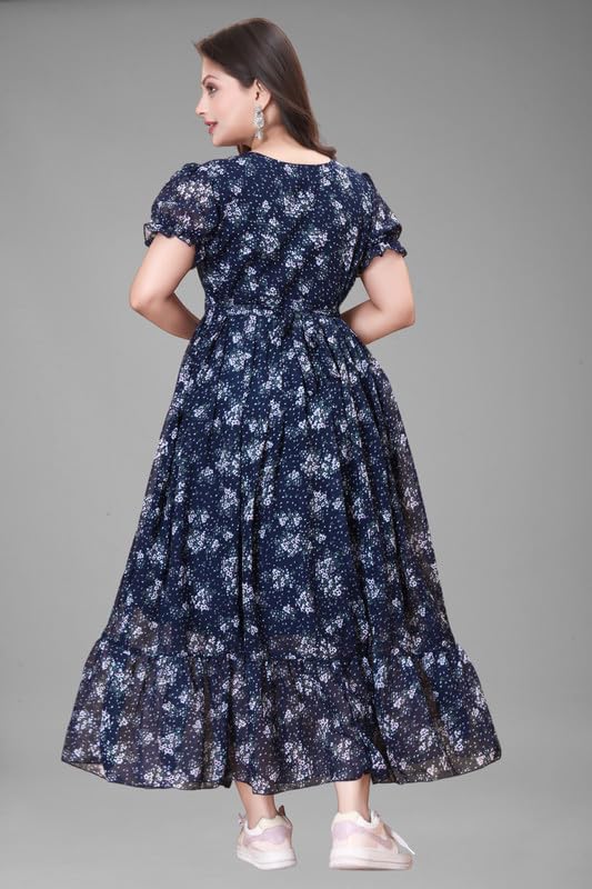 Image of Women's Printed Georgette Regular Fit Round Neck Short Sleeve Fancy Flare Long Dress