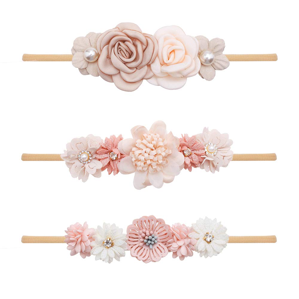 Conjunto de faixas florais para bebês meninas - 3 szt. de coroa de flores para recém-nascidos, acessórios de cabelo infantil da Mligril, Off Wihte, Small