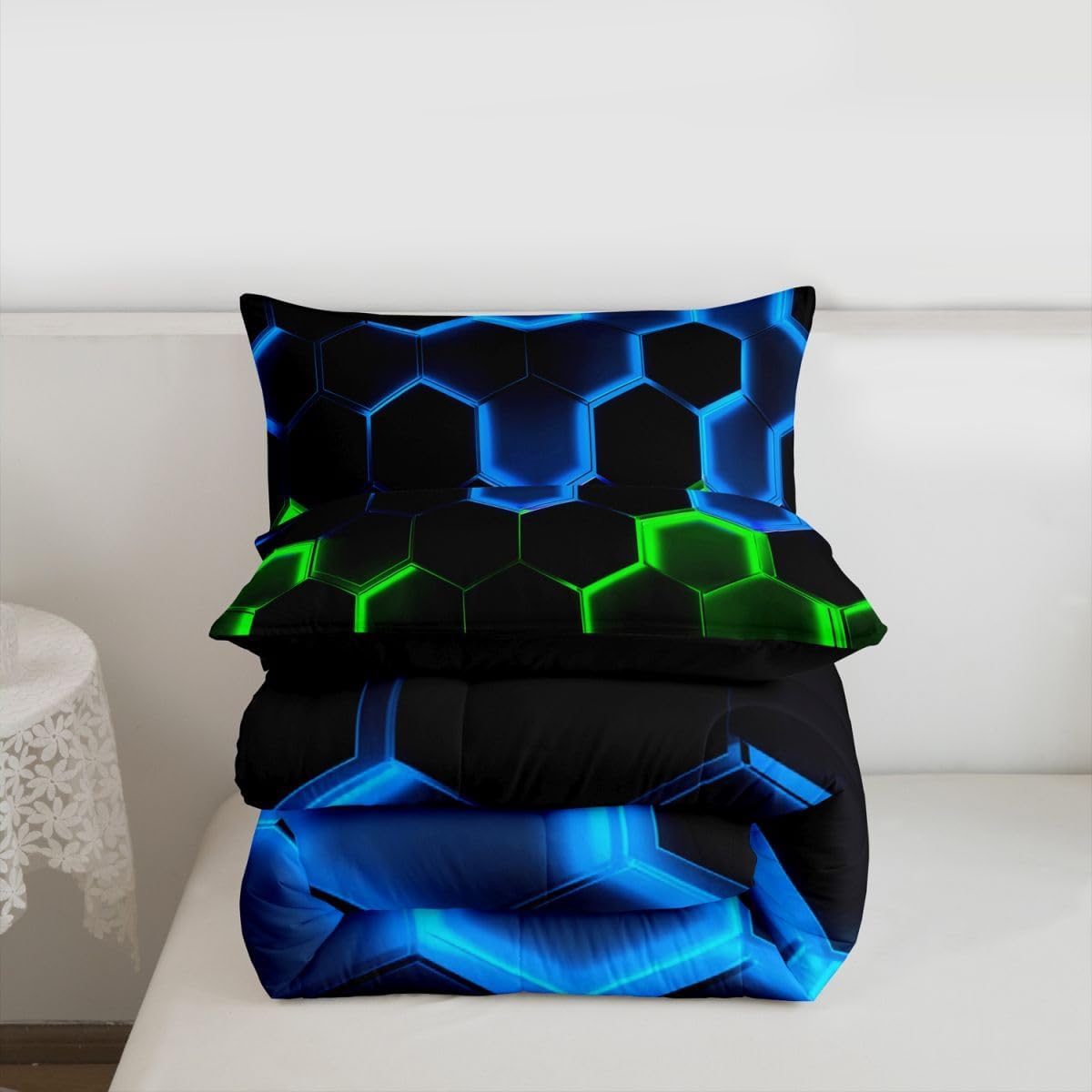 Castle Fairy Honeycomb Bedding Comforter Set Twin Size,Hexagon Theme with Green Blue Neon Lights Quilt Set,Boys Teen Man Chic Creative Home Bedding Set 2pcs Duvet Insert with 1 Pillowcase,Black