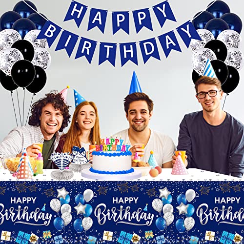 Happy Birthday Decorations, 1 Pcs Navy Blue And Silver Birthday Tablecloth For Boys Girls Men Women, Plastic Disposable Rectangle Table Cover For Birthday Party Supplies- 54" X 108" #TOP4