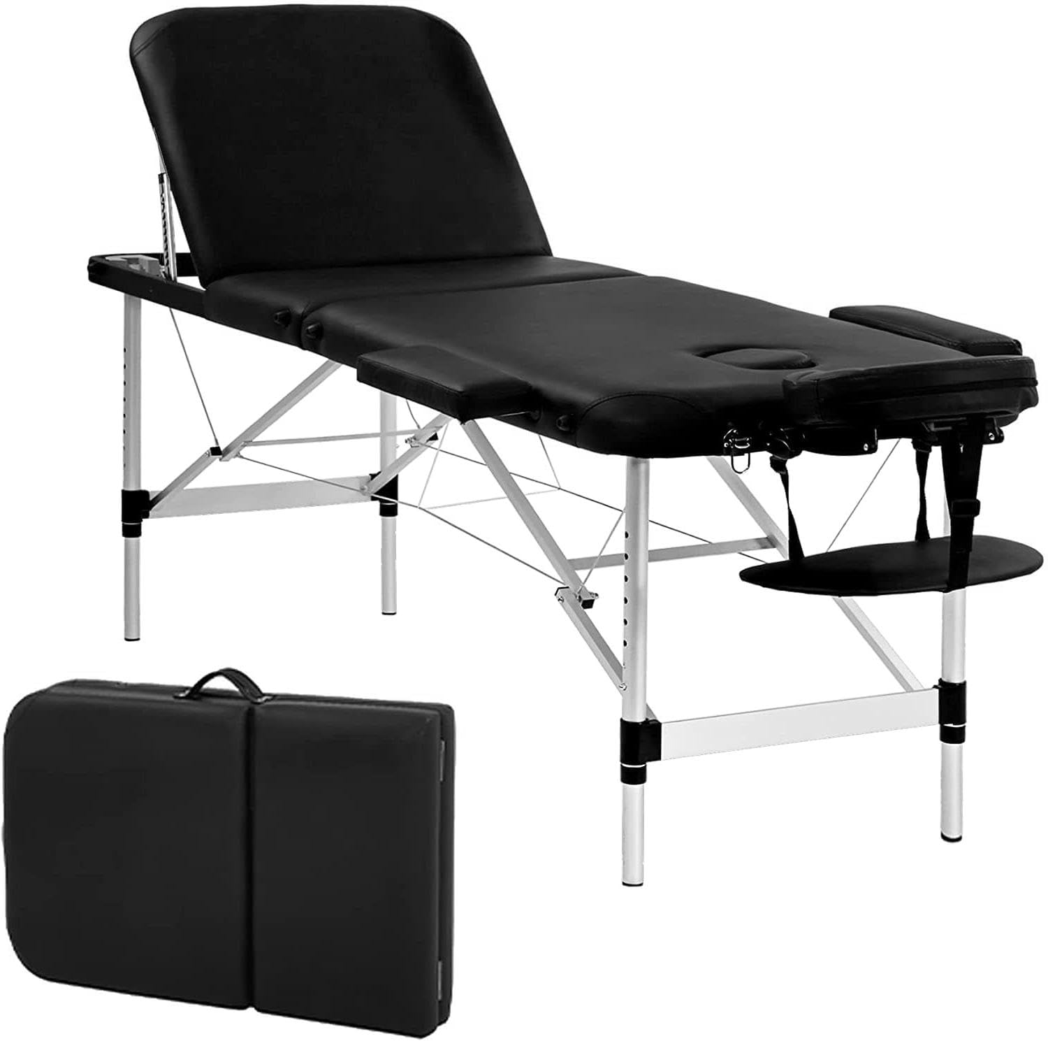 Massage Table Massage Bed 73 inch Spa Bed 3 Folding Portable Massage Table Height Adjustable Lightweight Aluminium Spa Table Lash Bed Tattoo Table Facial Cradle Bed With Carry Case (Black)