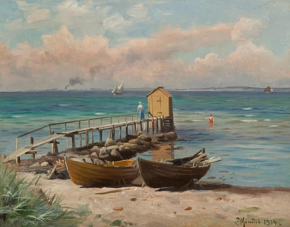 Impression d'art P.mönsted Badehäuschen Am Strand pour sublimer un salon lumineux