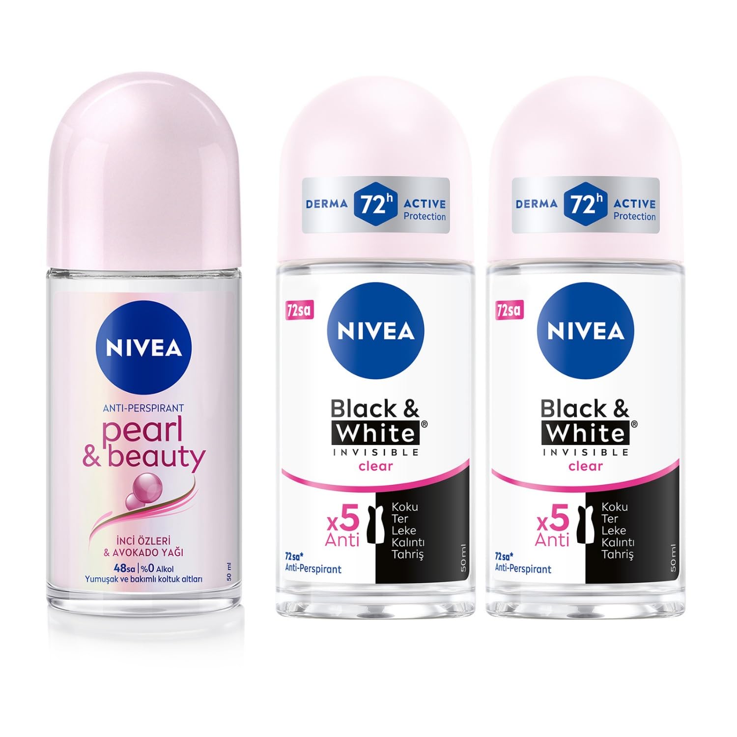 NIVEA Kadın Roll On Deodorant Pearl & Beauty 48 Saat Anti-perspirant Koruma (50 ml) + NIVEA Kadın Roll On Deodorant Black & White Invisible Clear 48 Saat Anti-Perspirant Koruma (50 ml) X2