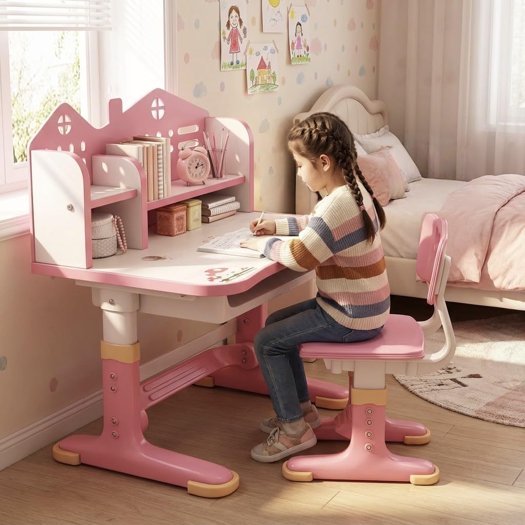 Kids Ergonomic Desk and Chair Set, Height Adjustable School Study Table with Bookshelf, Drawer and Spine Support Backrest, Kids Desk and Chair for Bedroom&amp;Study Room (Pink A)