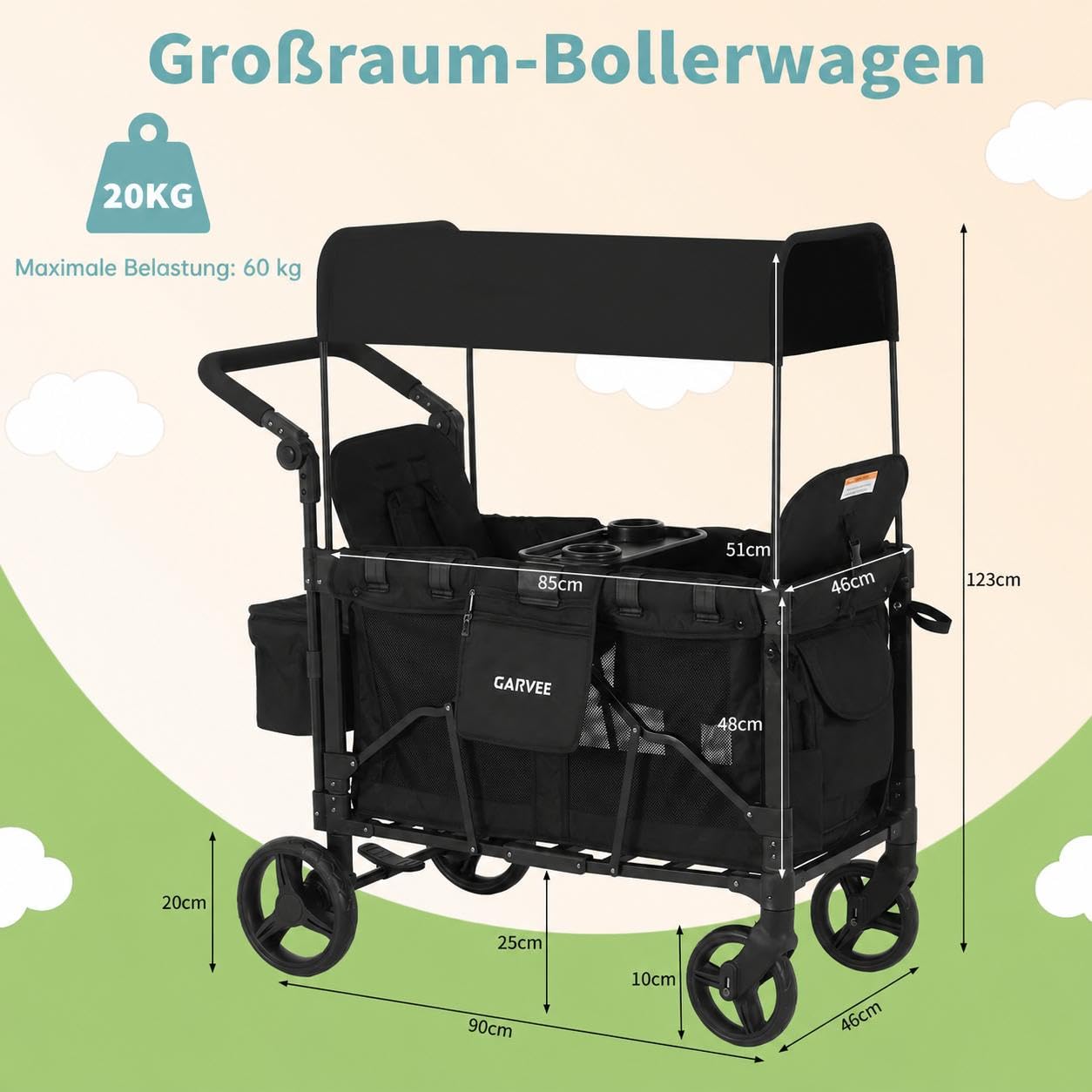 Bollerwagen Für 2 Kinder, Bollerwagen Faltbar Kinder mit Snack Ablage Bollerwagen mit Sitzen, abnehmbarem Sonnendach, 5-Punkt, schwenkbaren/feststellbaren Rädern und 600D Oxford-Gewebe