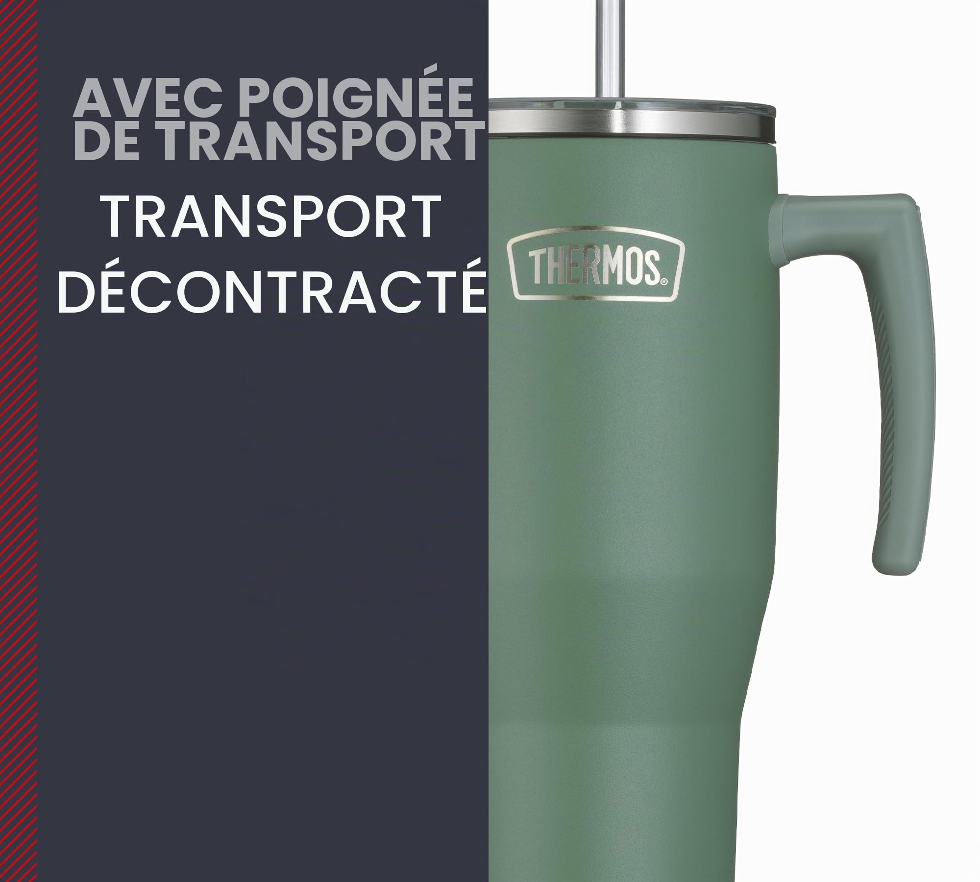 Thermos REFRESHING SERIES - Gobelet isotherme - 1,1 l - Vert mat - Avec paille et poignée - Pour les déplacements, le travail ou la maison - Double paroi en acier inoxydable neutre au goût