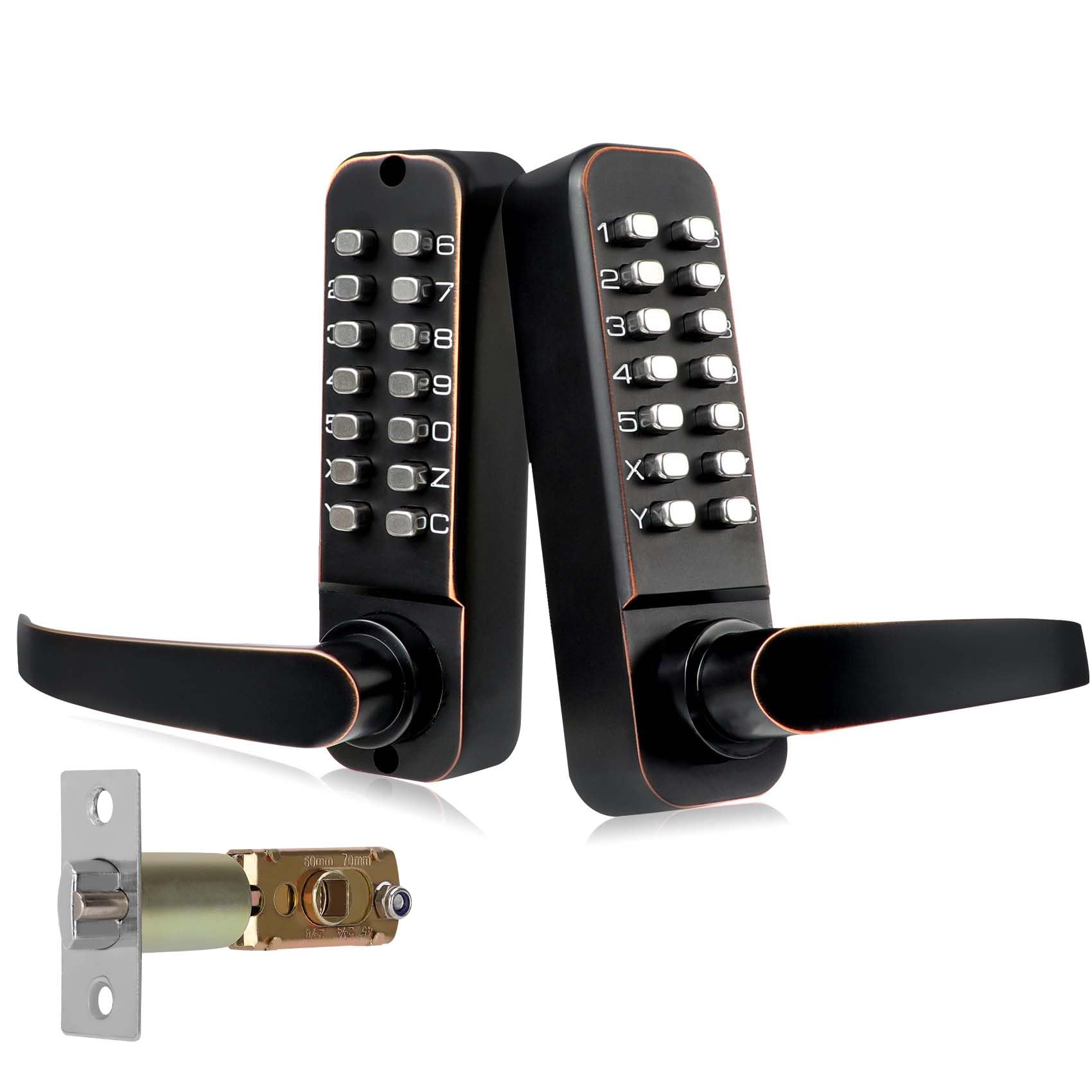 Upgrade Double Sided Keypad Door Lock with Adjustable Deadlatch 2-3/8'' and 2-3/4'', Double Sided Keyless Door Lock with Handle, Double Sided Gate Lock for Outdoor (Black Gold)