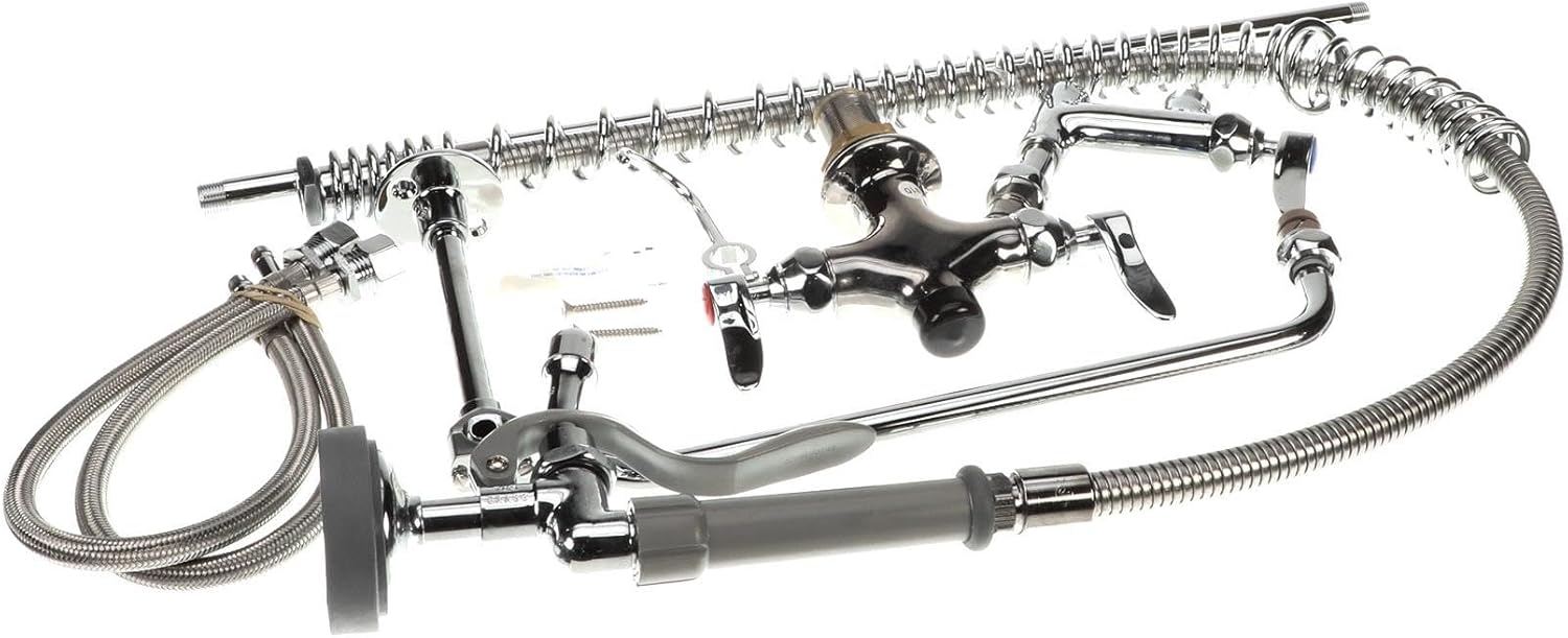 T&S Brass B-0113-ADF12-B Deck Mount Easy Install Single Hole Pre-Rinse Faucet with 12" Add-On Faucet and 18" Flex Lines. Includes Wall Bracket