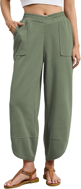 Viracy Womens Baggy Wide Leg Pants Casual Cross Elastic Waist Palazzo Wrap Hem Harem Pants with Pockets