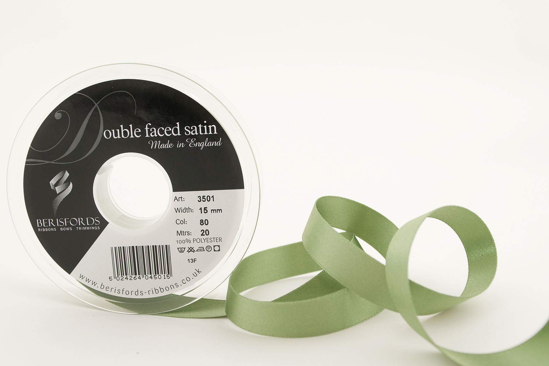 Berisfords 3501 15mm 80 Khaki Double Satin Ribbon x 20mtr, 15 mm