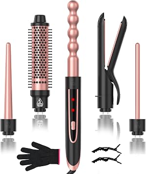 5 in 1 Curling Wand Set, Curling Iron with Curling Brush,Hair Straightener & 3 Interchangeable Ceramic Curling Wand0.35"-1", Fast Heat Hair Wand Curler, Include Glove & 2 Clips for Women Girls Gift
