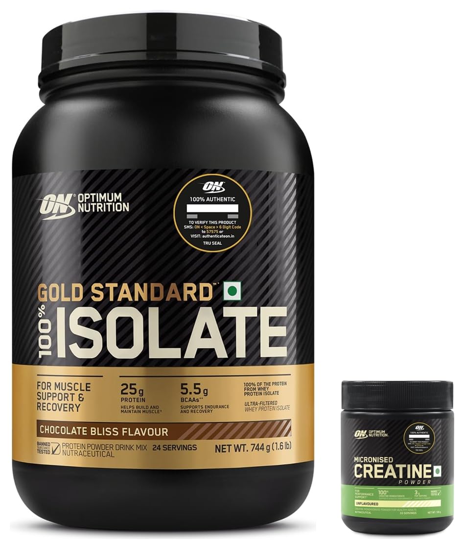 OPTIMUM NUTRITION (ON) Gold Standard 100% Isolate Whey 1.6 Lb, 744 G (Chocolate Bliss) And Micronized Creatine Powder - 100 Gram, 33 Serves,844 Gram, 1 Scoop