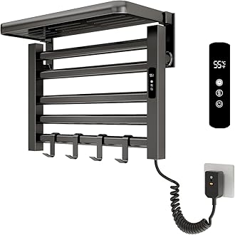 Xrrxy Wall Mounted Heated Towel Rack for Bathroom, IPX5 Waterproof Aluminum Electric Towel Warmer with Adjustable 1-9 Hour Timer, No Drill Installation, 95W Fast Heating for Shower Towels,Gray