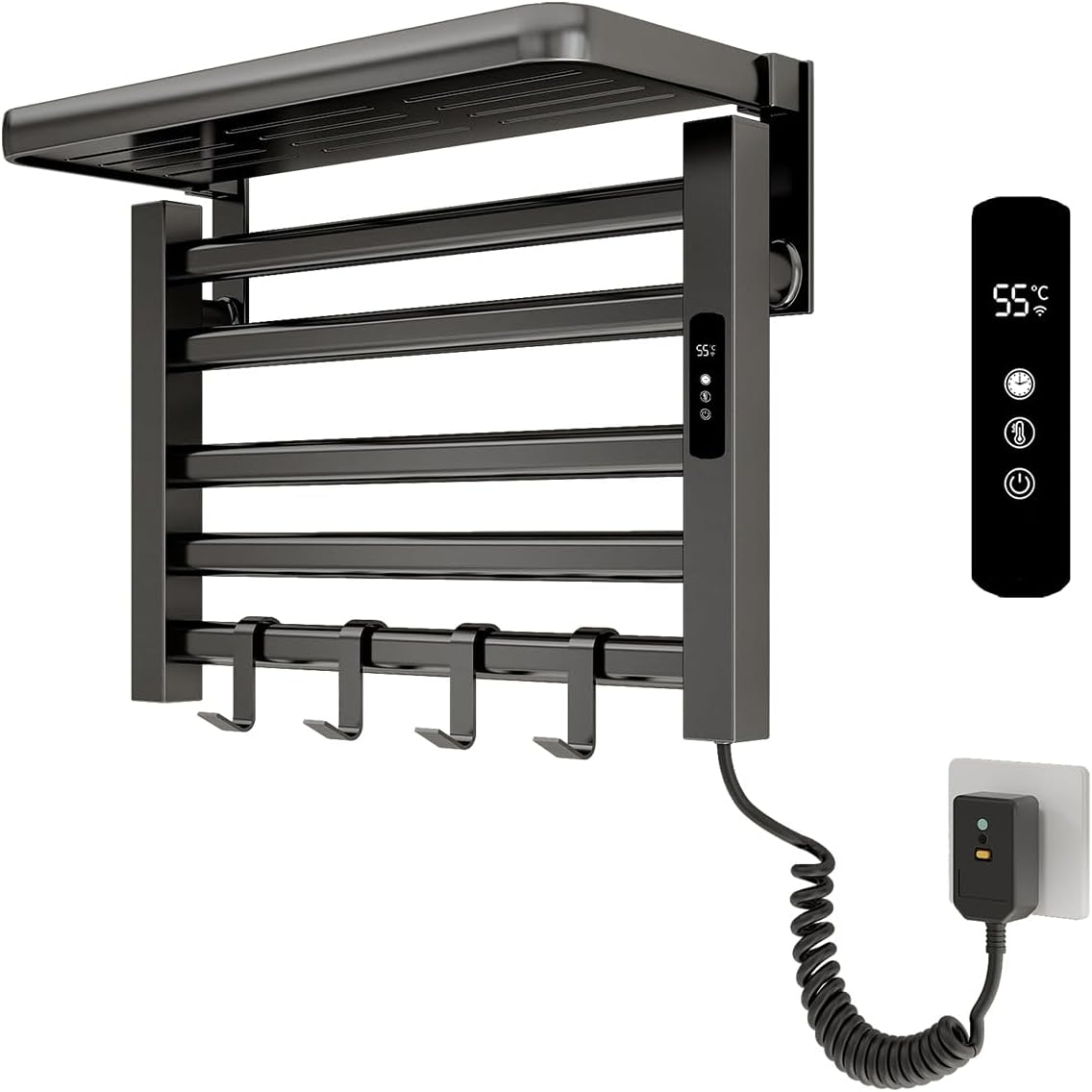Xrrxy Wall Mounted Heated Towel Rack for Bathroom, IPX5 Waterproof Aluminum Electric Towel Warmer with Adjustable 1-9 Hour Timer, No Drill Installation, 95W Fast Heating for Shower Towels,Gray