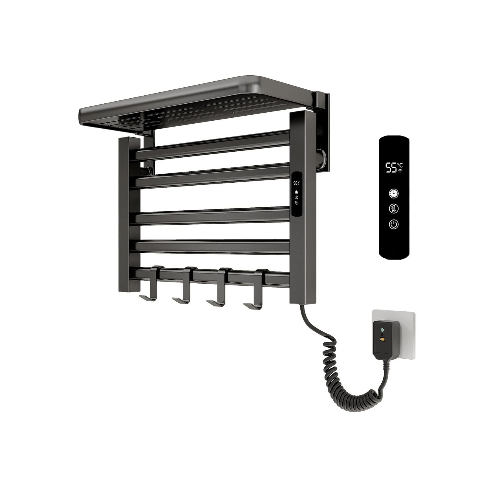 Xrrxy Wall Mounted Heated Towel Rack for Bathroom, IPX5 Waterproof Aluminum Electric Towel Warmer with Adjustable 1-9 Hour Timer, No Drill Installation, 95W Fast Heating for Shower Towels,Gray