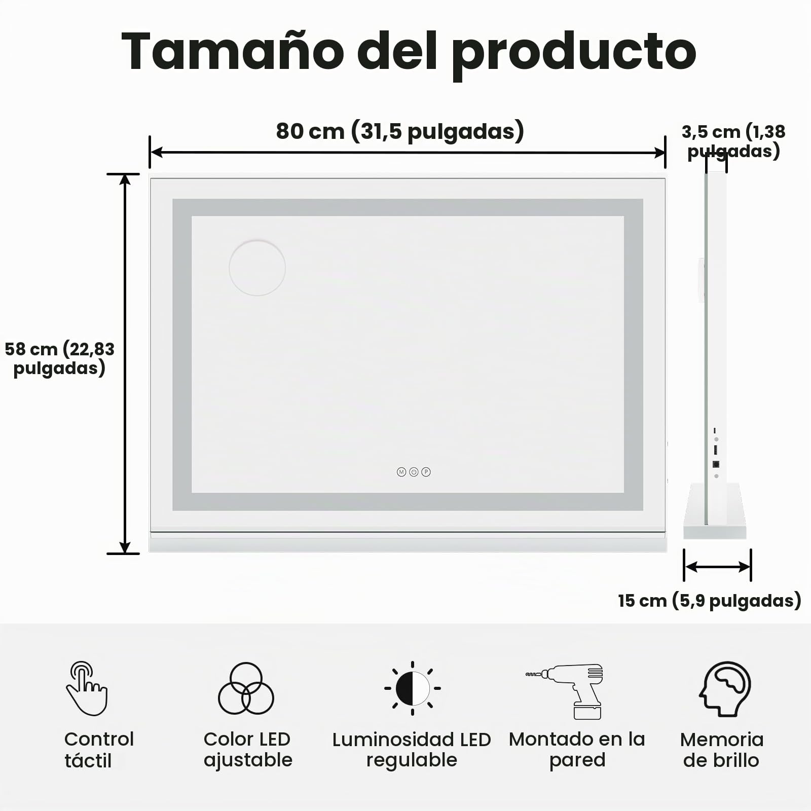 Espejo de Maquillaje con Luz LED 80x58cm - 3 Colores, Brillo Ajustable, Toque, USB-C, con Espejo de Aumento 10X, Pared/Mesa, Blanco