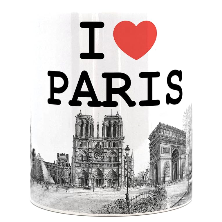 DESSAPT Arts - J'aime Paris/I LOVE PARIS et Ses Monuments - Mug en Céramique 325 ml - Tasse-Cadeau Unique avec les Magnifiques Paysages Parisiens - Imprimé en France -...