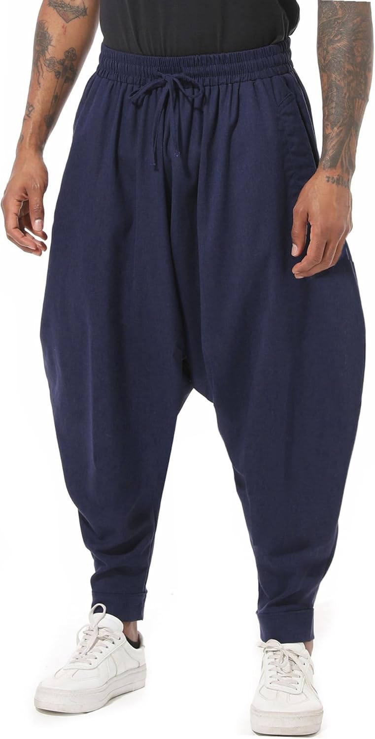 PACEIADTA Mens Casual Harem Pants Baggy Aladdin Hippie Elastic Waist Drop Crotch Trousers