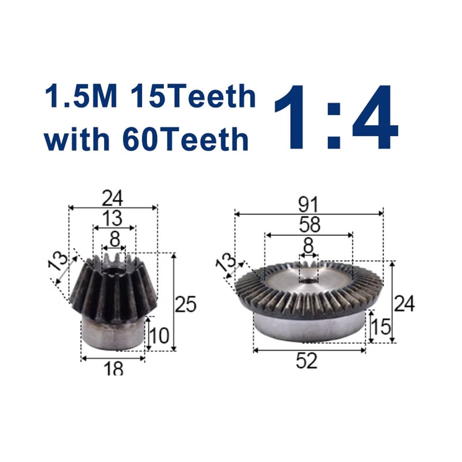 Ingranaggio Conico 1 Set 1:4 Ingranaggi conici 1,5 M 15T + 60T Ingranaggi in acciaio a commutazione di 90 gradi Ingranaggi in acciaio(2set 1.5m 15t-60t)