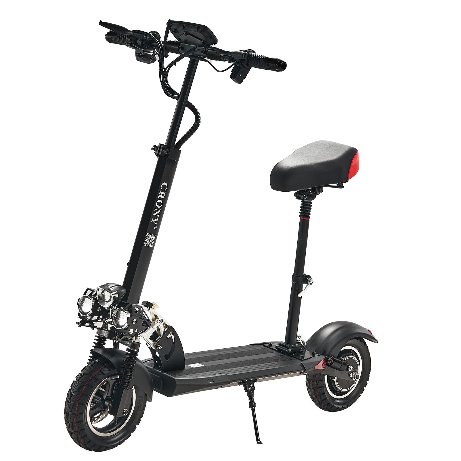 CRONY V10 Big LCD Display Electric Scooter with Seat, 1200W Motor, 40-55KM/H Speed, 120KG Max Load, Front/Rear Shock Absorber and Brake System, LED Base Light, Turn Signal, Triple LED Lights, Black