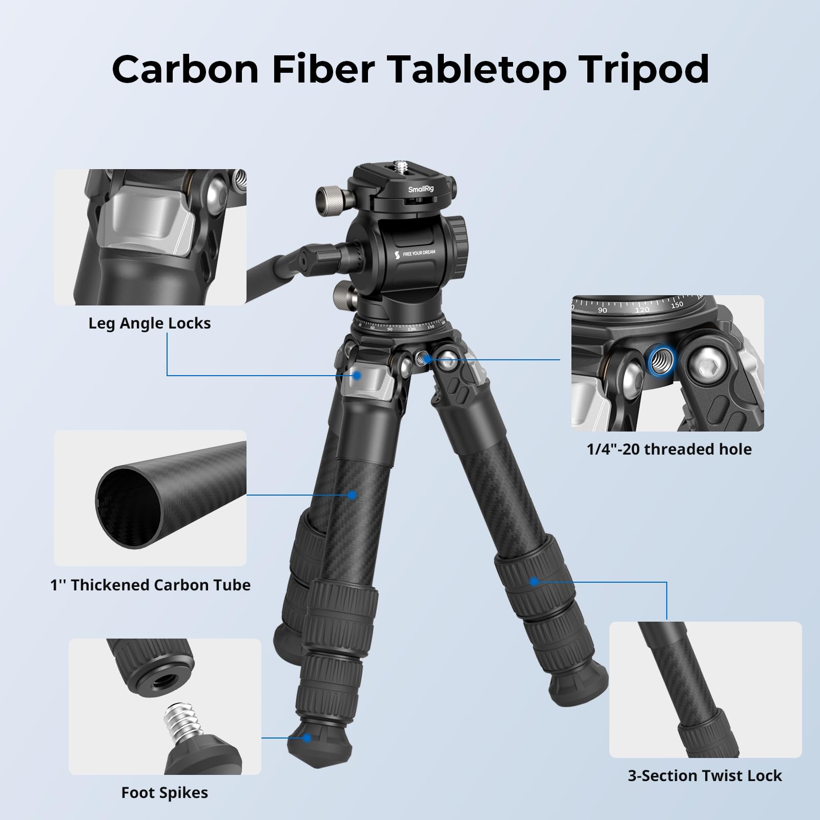 SMALLRIG Kit Treppiede da Tavolo Portatile in Fibra di Carbonio, Tavolo Compatto da 17'' con Testa Video ad alta Capacità di Carico, Carico Massimo 3 kg/6,6 libbre per Fotocamere, DSLR