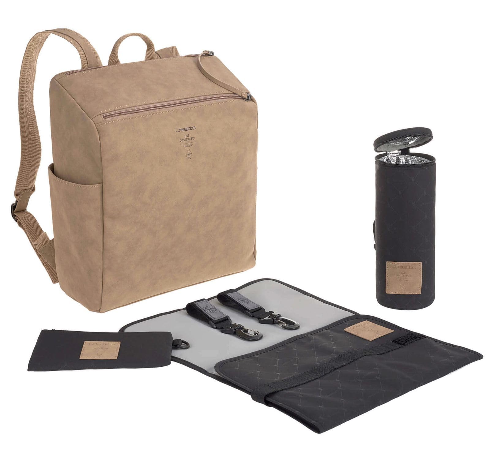 LÄSSIG Baby Wickelrucksack Wickeltasche mit Zubheör veganes Leder/Tender Backpack camel, 1 Stück (1er Pack)