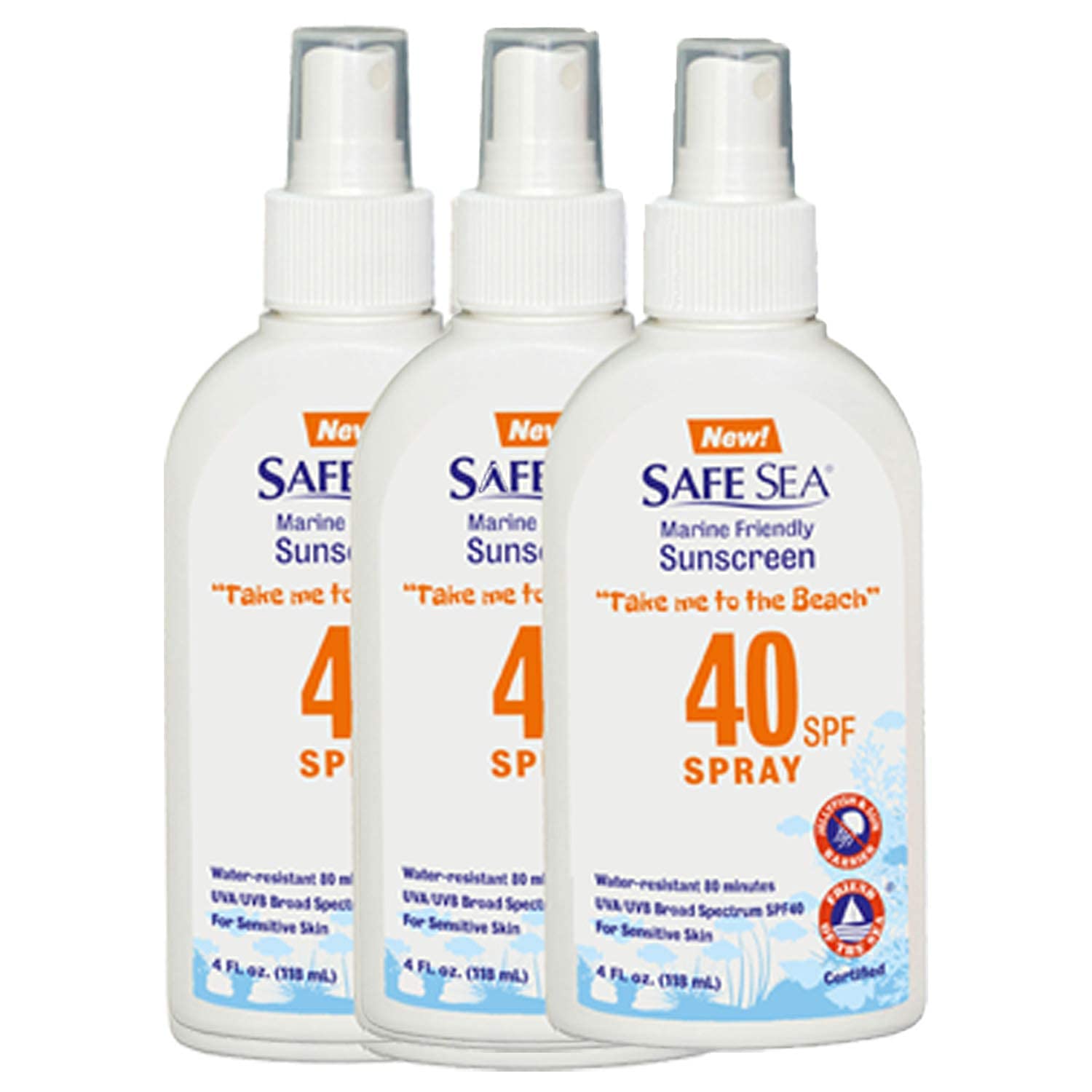 Safe Sea Sunscreen with SPF40 Spray Eco-friendly Sunscreen 40SPF Adults 4OZ 3 Pack