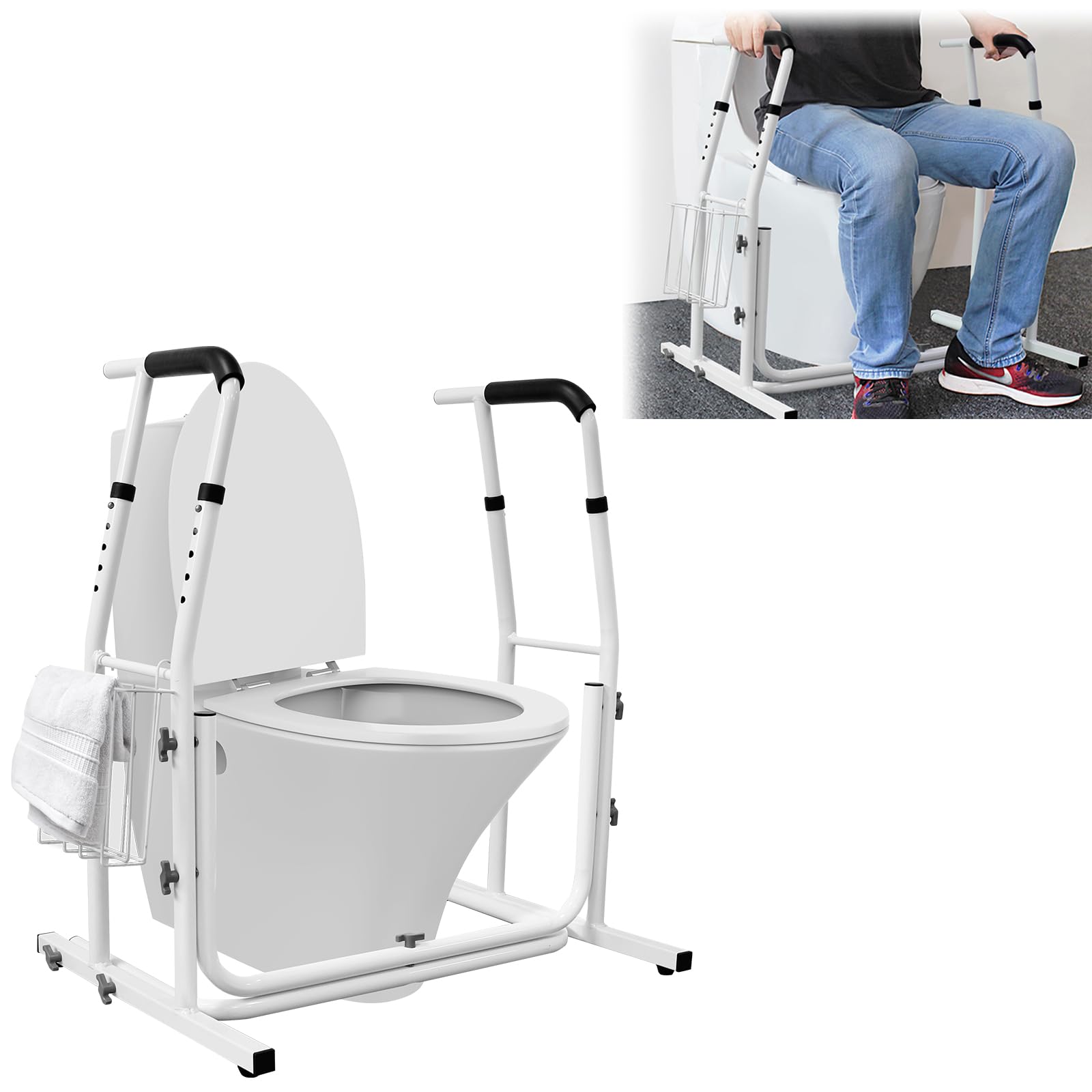 Supporto per WC portatile, supporto per WC, altezza regolabile in altezza, supporto per WC con cestino, supporto di supporto, portata fino a 200 kg, colore: bianco