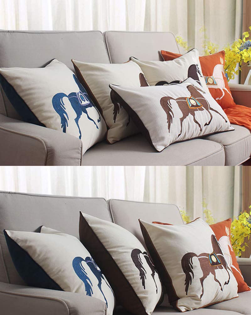 Taie D’oreiller En Coton Bleu Avec Broderie Main Point De Croix, Motif Cheval Au Galop