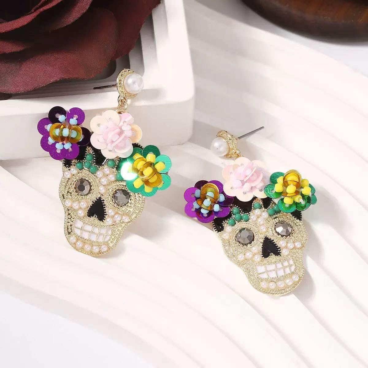 Cute Candy Skull Earrings for Women – Day of the Dead Sugar Skull Jewelry with Colorful Flowers – Halloween, Festival & Costume Accessories - Image 3