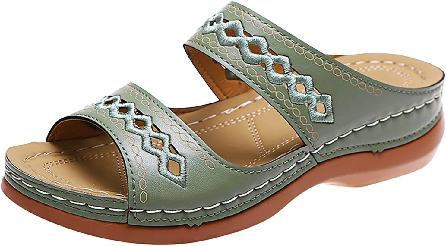 WILLBESTWomen Sandals Wedge Mid Heeled Beaded Flowery Shoes Ladies Adjustable Straps Touch-Fasten Summer Holiday Dress Shoes Arch Support Anti-Slip Flat Slide Mules Slider
