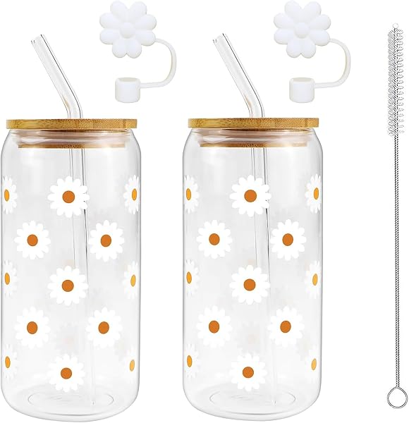 Set da 2 Bicchieri in vetro, 500ml, con coperchio e cannuccia, a forma di barattolo con motivo Daisy, Bicchieri Daisy, con spazzola per la pulizia, per caffè, smoothie, matcha, cocktail - 1