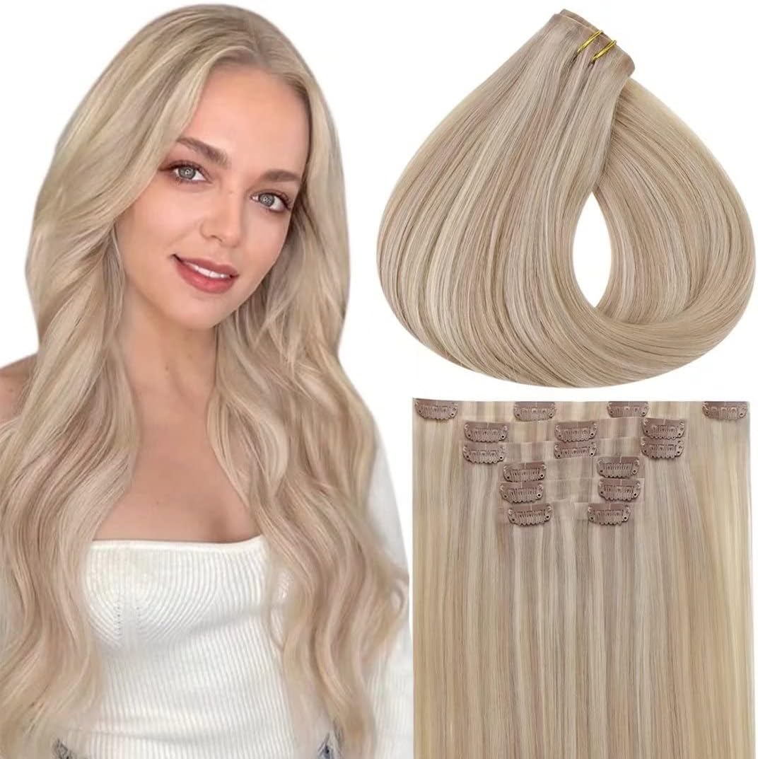 LaaVooSeamless Hair Extensions Clip ins Human Hair Blonde Highlight Clip in Human Hair Extensions Ash Blonde with Blonde Seamless Clip in Hair Extensions Real Human Hair Full Head 20inch 7pcs 140g