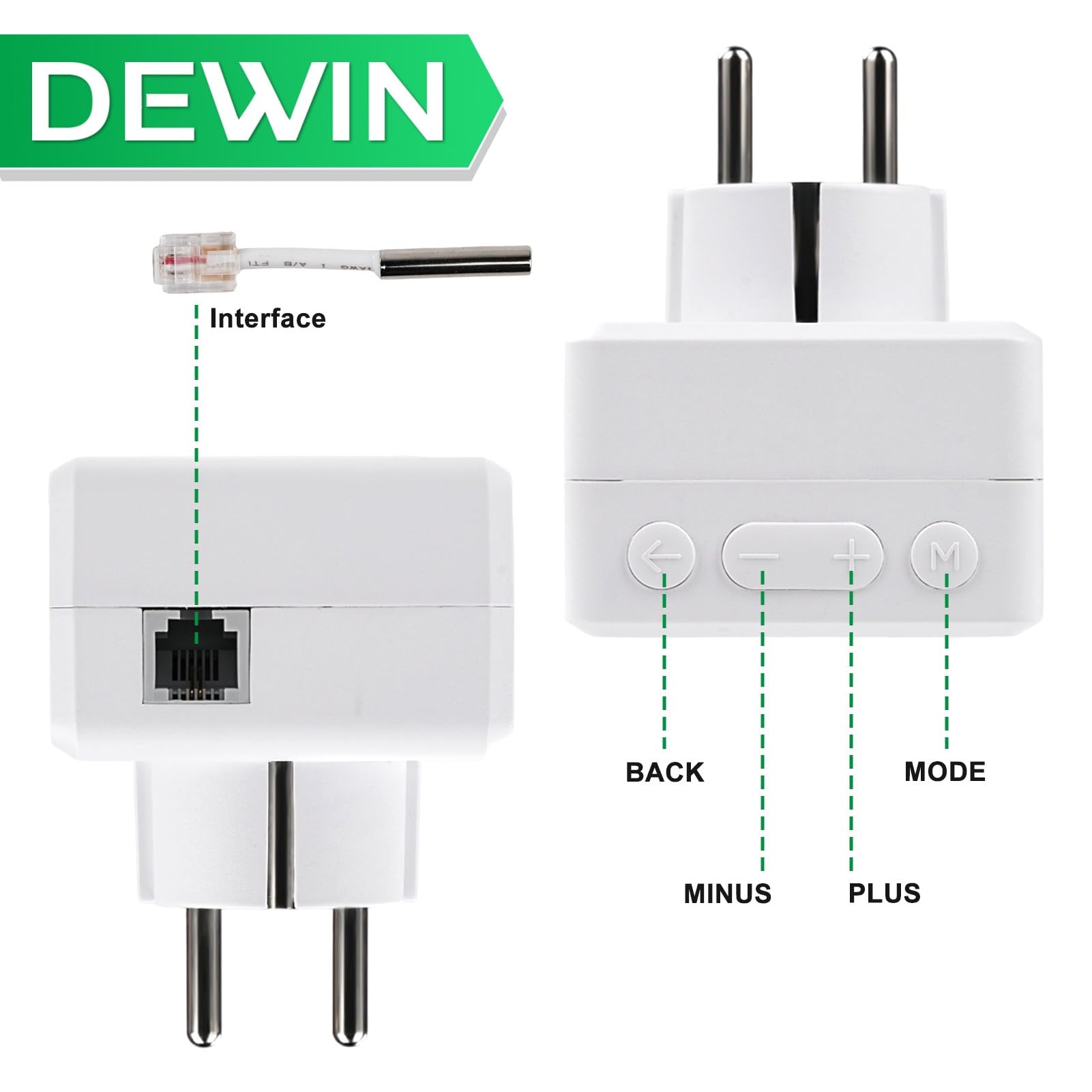 DEWIN Inteligente Enchufe de Termostato con Sonda, 2.4GHz WiFi Controlador de Temperatura de termostato de Enchufe 220V 16A Calefacción y Refrigeración Compatible con Control Remoto y Control por Voz