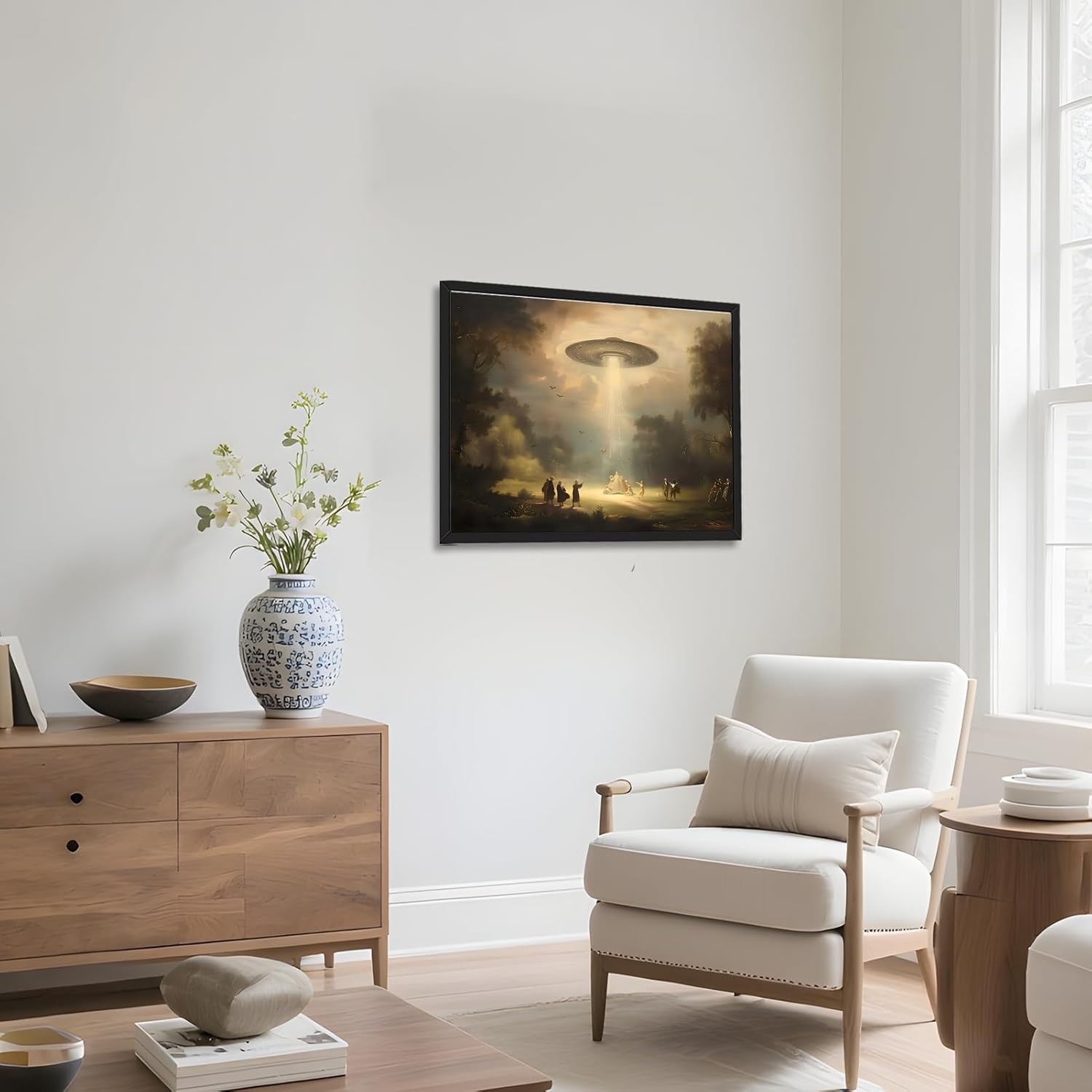 Vintage UFO Landscape Canvas Art Whimsical Farmhouse Wall Decor Retro Victorian Nature Painting Rustic Aesthetic Poster 16X24inch Black Framed